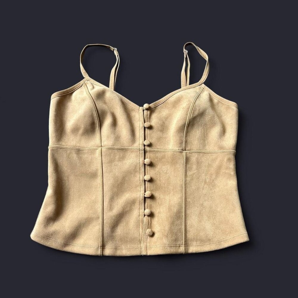 Tan suede corset top with button-up front and adjustable straps medium